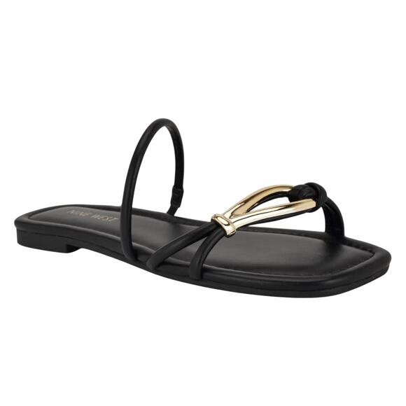 Nine West Tigra Square Toe Strappy Slide Flat Sandal Black Gold Size 7M - Picture 2 of 10